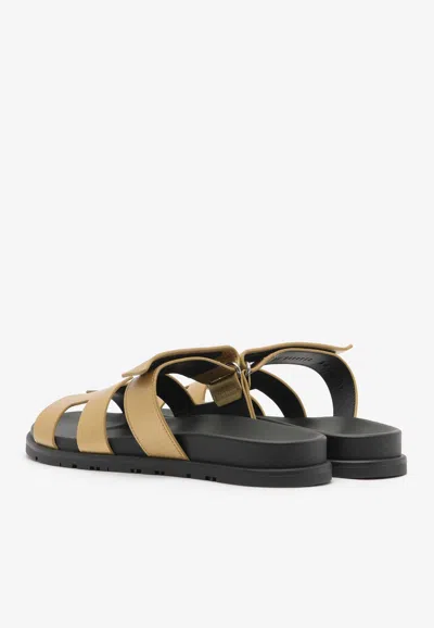 Pre-owned Hermes Chypre Sandals In Doré Grained Goatskin In Dore