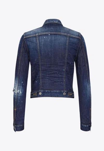 Dsquared2 Distressed Denim Jacket Buttoned Cuffs In Navy