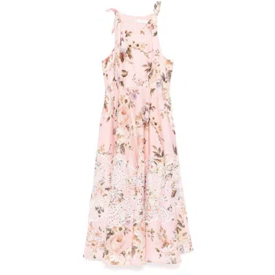 Zimmermann Acacia Broderie Anglaise Linen Midi Dress In Pink/green