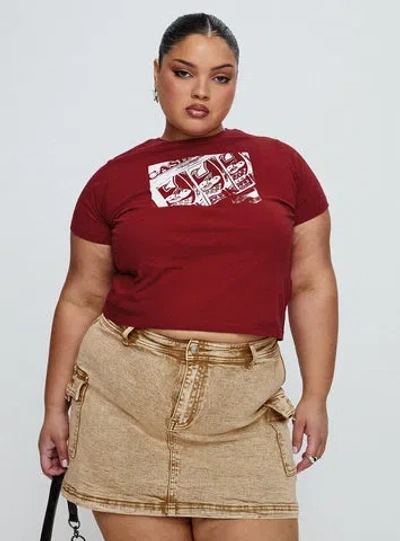 Princess Polly Curve Velveta Low Rise Denim Skirt Camel Curve In Camel