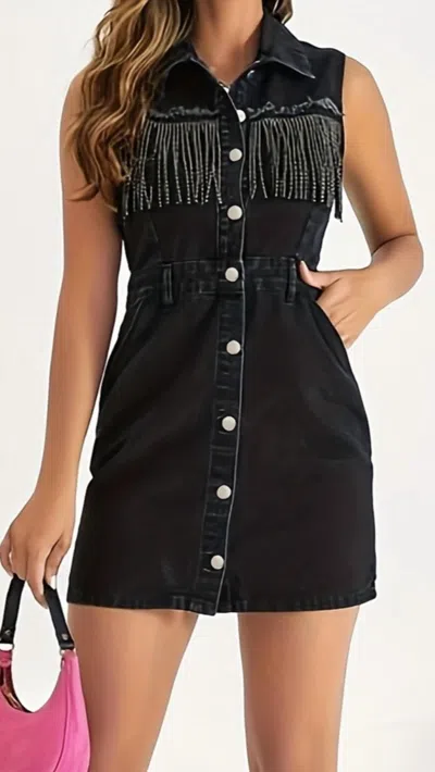 Rosa Clothing Pocket Rhinestone Fringe Sleeveless Denim Dress In Black In Black
