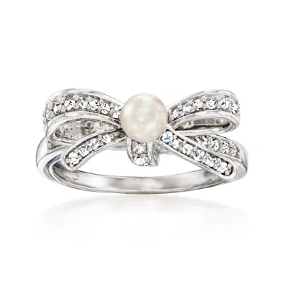 Ross-simons 4-4.5mm Cultured Pearl And . Diamond Bow Ring In Sterling Silver In White