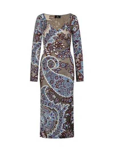 Etro Blue Long Dress With All-over Paisley Motiv In Viscose Blend In Multicolor