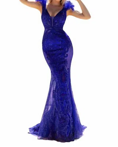Portia And Scarlett Feather Straps Embroidered Illusion Dress In Cobalt In Blue