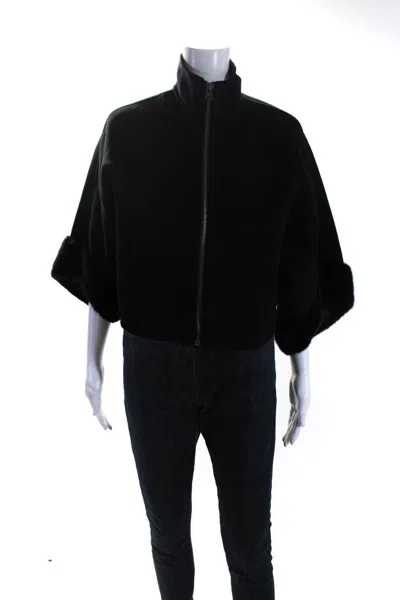 Pologeorgis Womens Mink Fur Trim Dolman Sleeve Maren Fleece Jacket Black In Black
