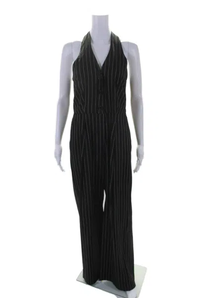 MARELLA WOMENS LINEN STRIPED SLEEVELESS BUTTONED STRAIGHT JUMPSUIT BLACK 