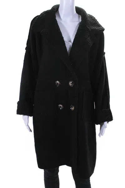 Apricot Women's Collar Button Closure Suede Long Coat Black In Black