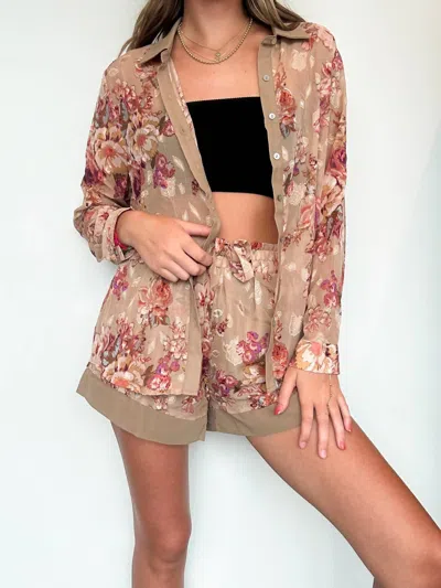 ILLA ILLA FLORAL CHIFFON SHIRT & SHORTS SET IN BEIGE 
