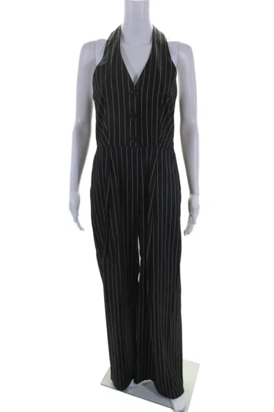 Marella Womens Linen Striped Print Halter Buttoned Slip-on Jumpsuit Black In Black