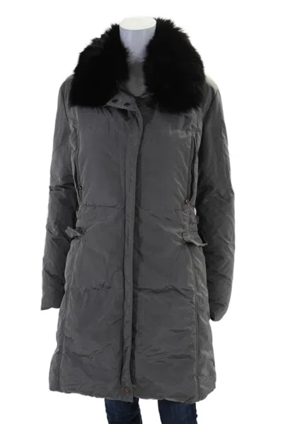 Postcard Womens Fur Trimmed Collared Zipped Snap Button Puffer Coat Gray In Gray