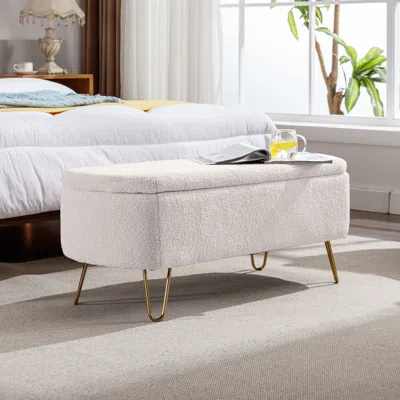 Streamdale Furniture Streamdale Ivory Storage Ottoman Bench For End Of Bed Gold Legs