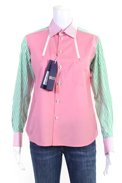 Shiro Sakai Womens Striped Sleeves Button Down Shirt Pink Cotton In Pink