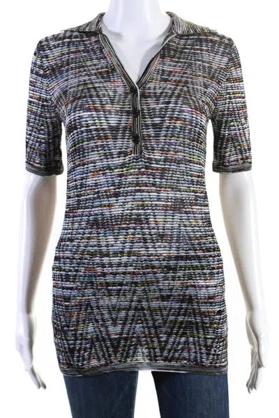 Missoni Womens Collared V Neck Striped Short Sleeve Blouse Top Multi In Multi