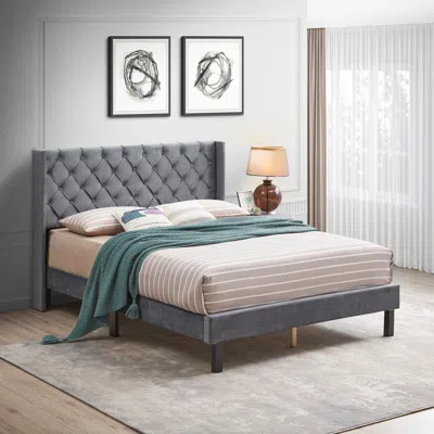 Streamdale Furniture Streamdale Velvet Button Tufted-upholstered Bed With Wings Design