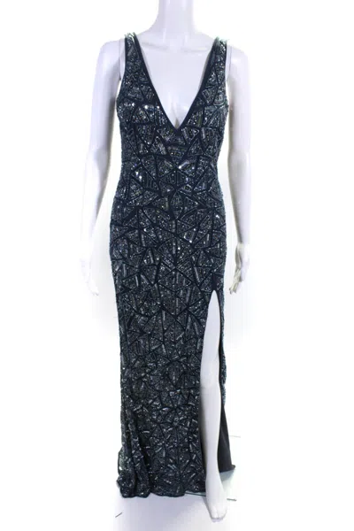 Mac Duggal Womens Blue Beaded Sequins V-neck Zip Back Slits Gown Dress In Blue