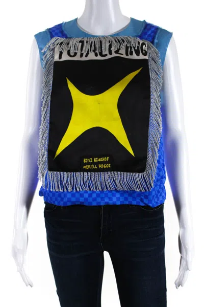 Meryll Rogge Womens Sleeveless Fringes Graphic Satin Top Blouse Blue In Blue