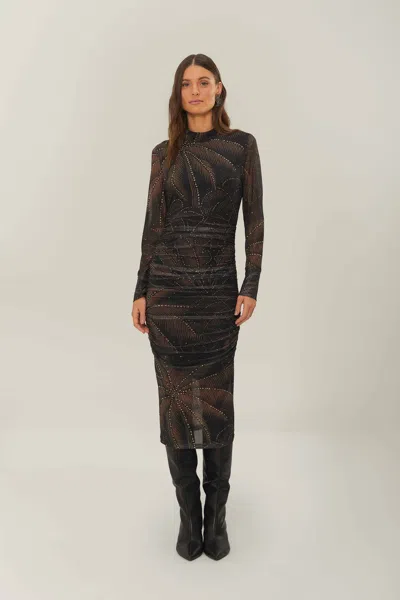 Farm Rio Active Black Golden Foliage Tulle Midi Dress In Golden Foliage Black