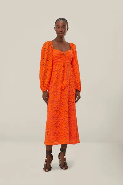 Farm Rio Active Orange Lace Long Sleeve Midi Dress In Orange