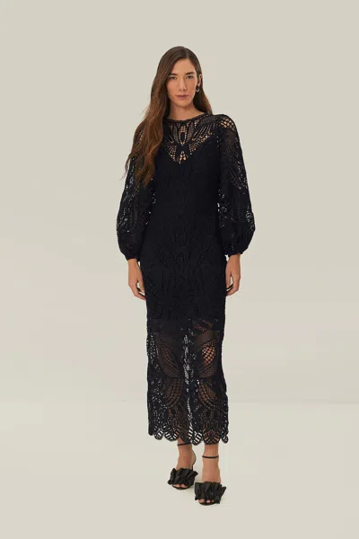 Farm Rio Active Black Nature Guipure Midi Dress In Black