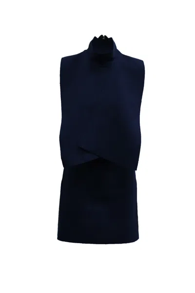 Msgm Turtleneck Mini Dress In Navy Blue Polyester In Blue