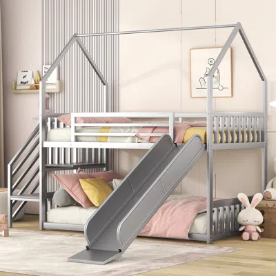 Streamdale Furniture Streamdale Twin Over Twin Metal Bunk Bed House Bed With Slide And Staircase