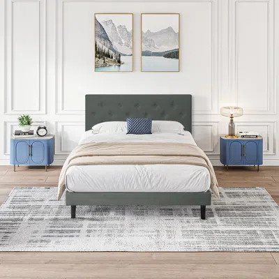 Streamdale Furniture Streamdale Twin Size Upholstered Platform Bed Frame With Modern Button Tufted Linen Fabric Headboard