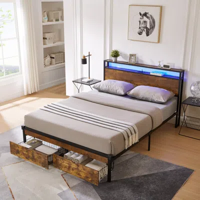 Streamdale Furniture Streamdale King Size Metal Platform Bed Frame With Wooden Headboard And Footboard With Usb