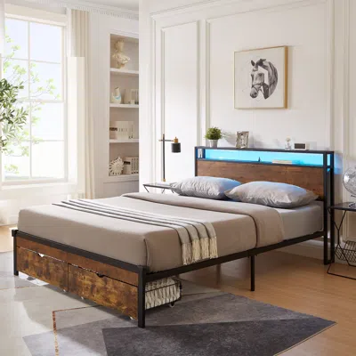 Streamdale Furniture Streamdale Queen Size Metal Platform Bed Frame With Wooden Headboard And Footboard With Usb