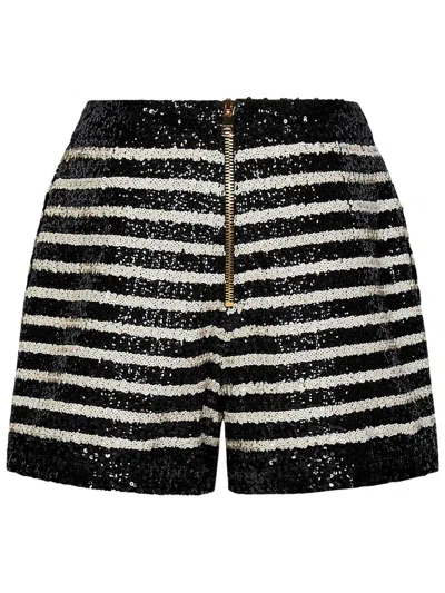 Balmain Black And White Striped Shorts With Jewel Buttons In All-over Sequins Fabric Woman In Black