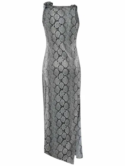 Coperni Asymmetric Rosette-detailed Satin Maxi Dress In Snake Print