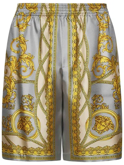 Versace La Coupe Des Dieux Print Silk Shorts In Gold