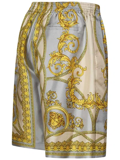 Versace La Coupe Des Dieux Print Silk Shorts In Gold