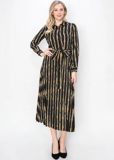 Yal New York Black & Gold Pleated Dress With Belt In Black
