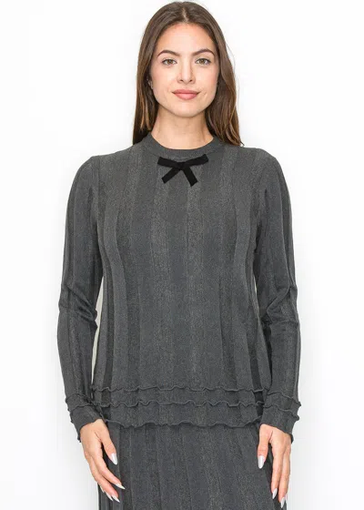 Yal New York Grey Ribbed Knit Top With Bow Detail In Grey