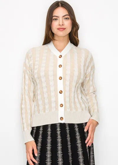Yal New York Beige Cable Knit Stripe Cardigan In Beige