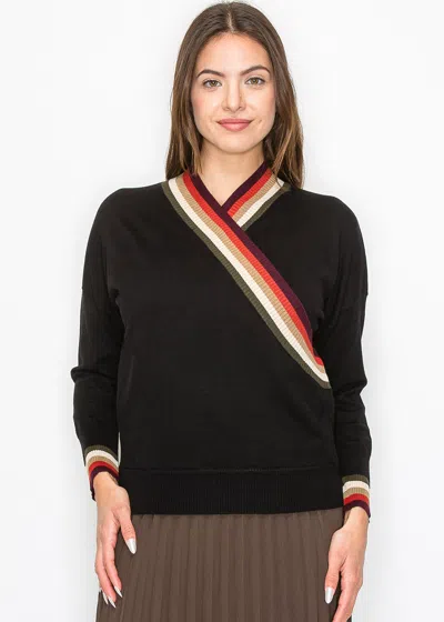 Yal New York Black Sweater With Colorful V-neck Detail In Black