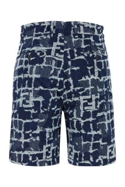 Fendi Blue Bermuda Shorts With Ff Print In Cotton And Linen Man In Blue