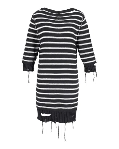 Maison Margiela Mm6  Distressed-effect Striped Knitted Dress In Black And White Cotton In Black