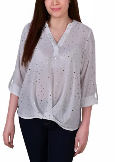 NY COLLECTION PETITES WOMENS METALLIC WORK DAY WEAR PULLOVER TOP 