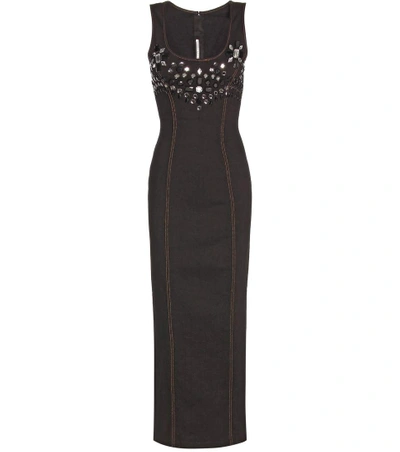 Alessandra Rich Embellished Cotton Twill Midi Dress In Black