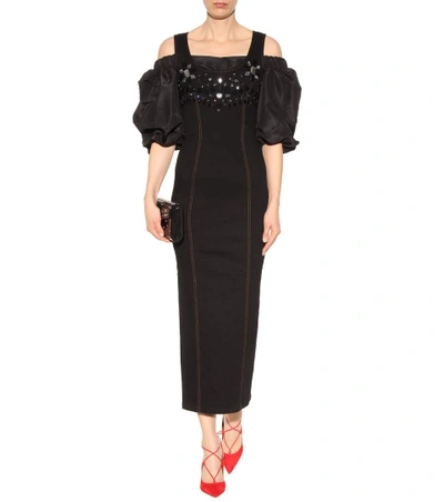 Shop Alessandra Rich Embellished Cotton Twill Midi Dress In Black