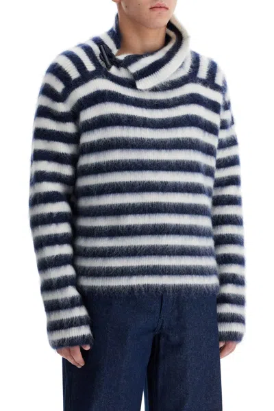 Jacquemus Two-tone Striped Mohair Blend Marina Sweater With Frog Closu In Black