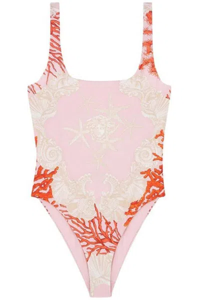 Versace Sea Motif Print Backless Swimsuit In Multicolor