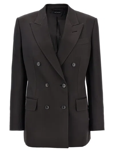 Tom Ford Silk And Wool Twill Double Breasted Jacket In Brown