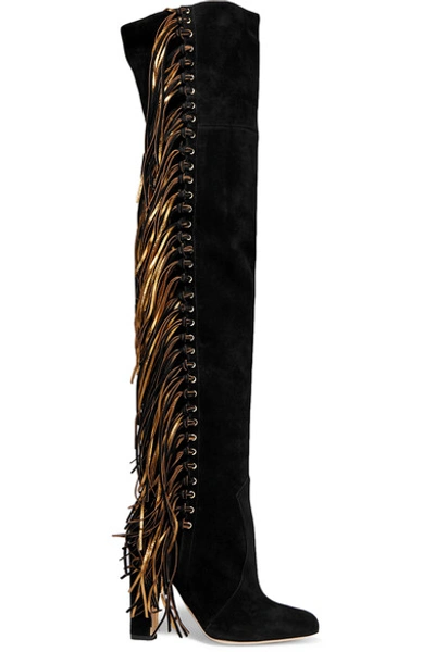 Shop Brian Atwood Horsy Metallic Fringed Suede Over-the-knee Boots