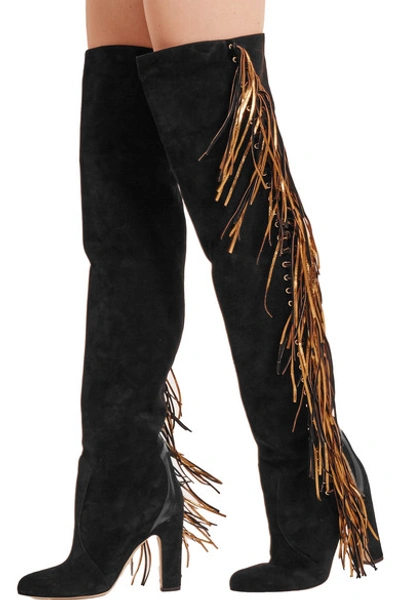 Shop Brian Atwood Horsy Metallic Fringed Suede Over-the-knee Boots