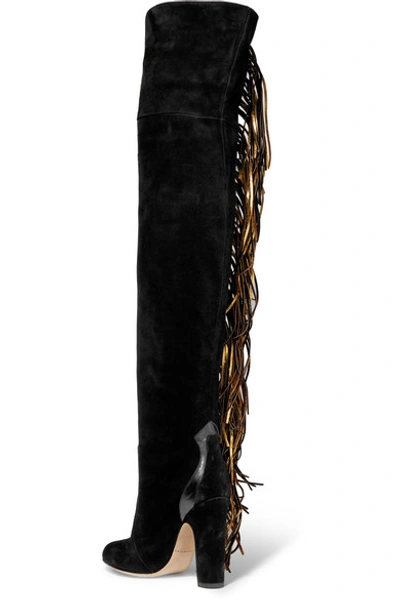 Shop Brian Atwood Horsy Metallic Fringed Suede Over-the-knee Boots