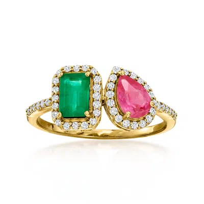 Ross-simons Emerald And . Pink Sapphire Toi Et Moi Ring With . Diamonds In 14kt Yellow Gold In Green