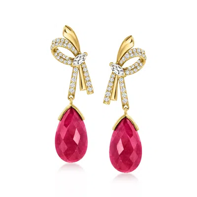 Ross-simons Ruby Bow Drop Earrings With White Topaz In 18kt Gold Over Sterling In Red