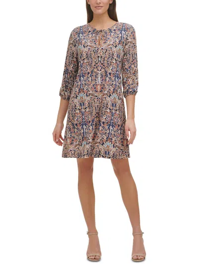Tommy Hilfiger Womens Tie Neck Short Mini Dress In Multi